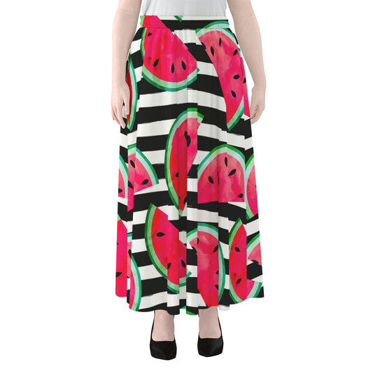 Black Striped Watermelon Pattern Print Chiffon Maxi Skirt