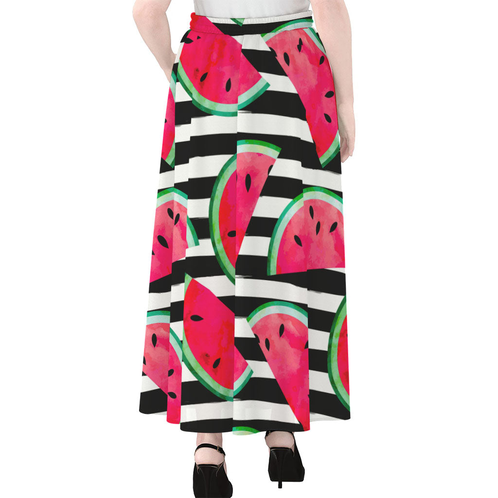 Black Striped Watermelon Pattern Print Chiffon Maxi Skirt