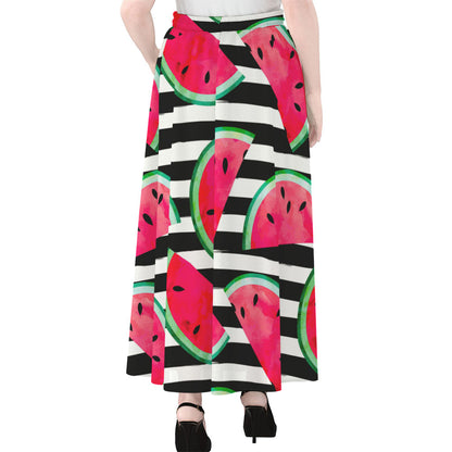 Black Striped Watermelon Pattern Print Chiffon Maxi Skirt