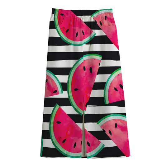 Black Striped Watermelon Pattern Print Cotton Front Slit Maxi Skirt
