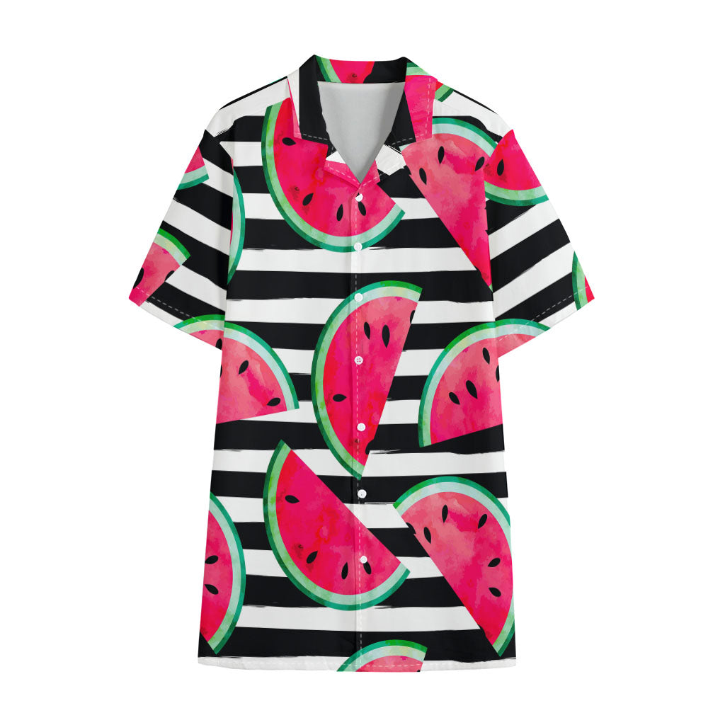 Black Striped Watermelon Pattern Print Cotton Hawaiian Shirt