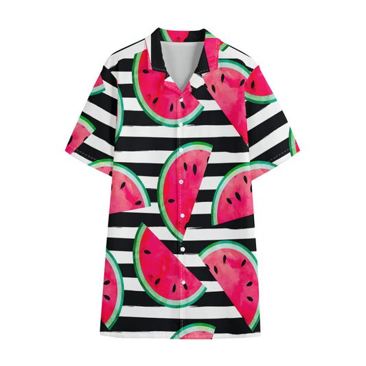 Black Striped Watermelon Pattern Print Cotton Hawaiian Shirt