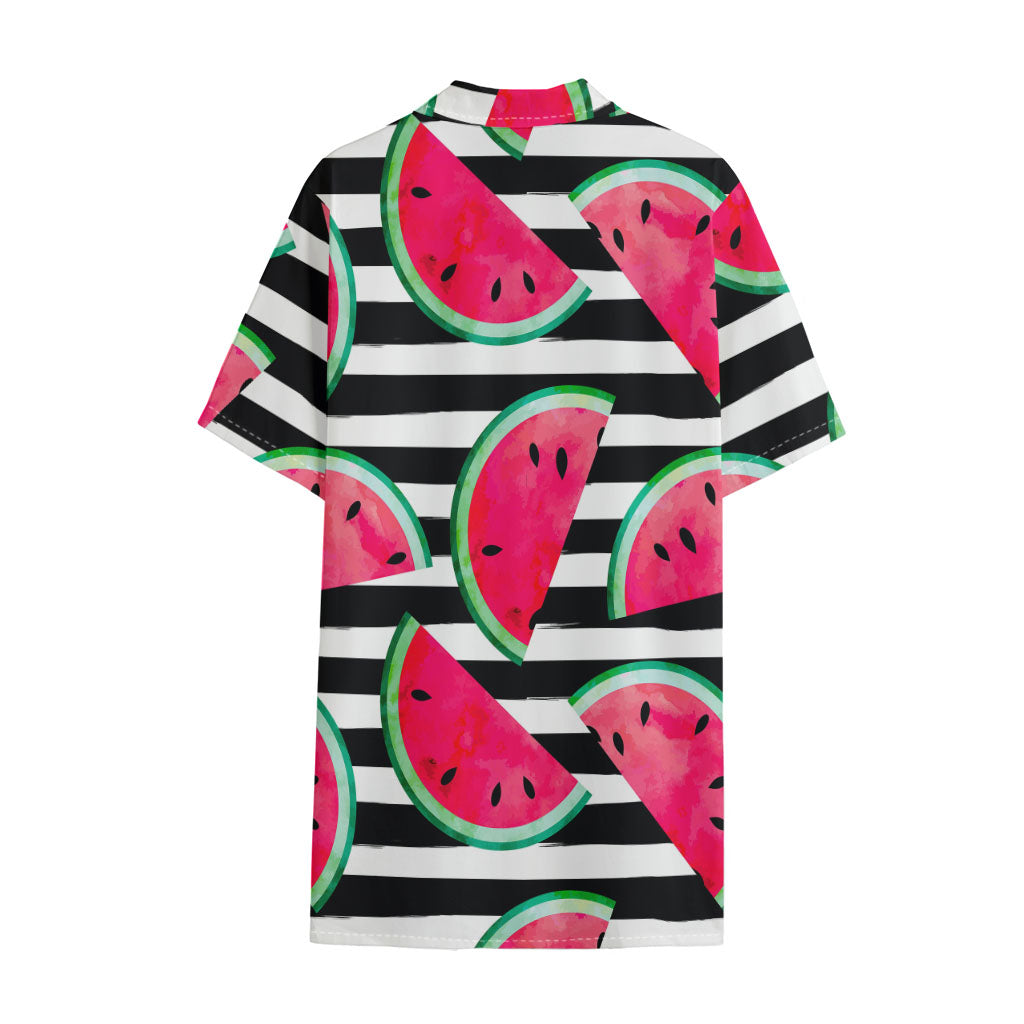 Black Striped Watermelon Pattern Print Cotton Hawaiian Shirt