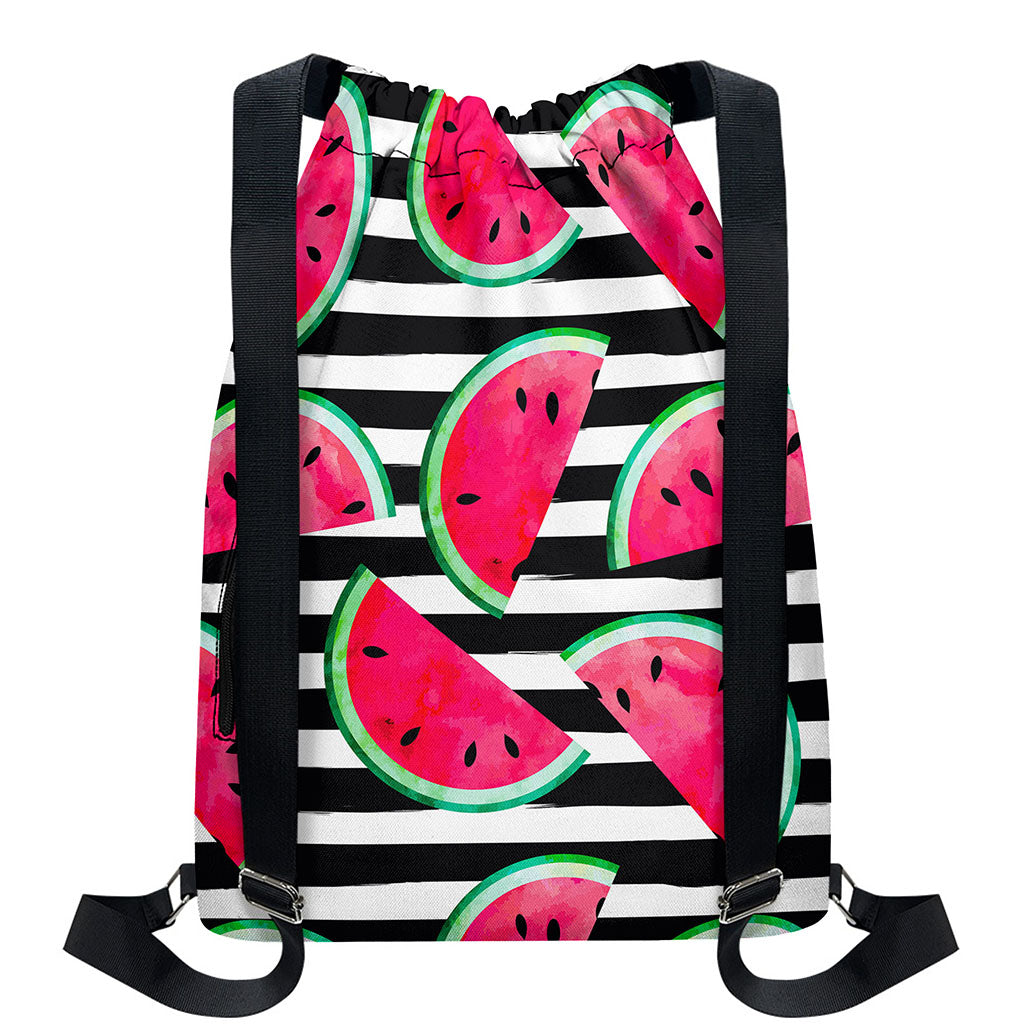 Black Striped Watermelon Pattern Print Drawstring Backpack