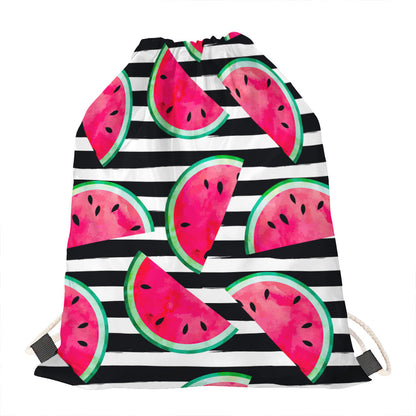 Black Striped Watermelon Pattern Print Drawstring Bag