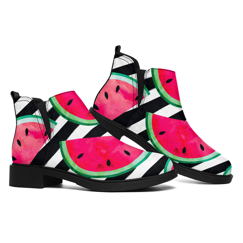 Black Striped Watermelon Pattern Print Flat Ankle Boots