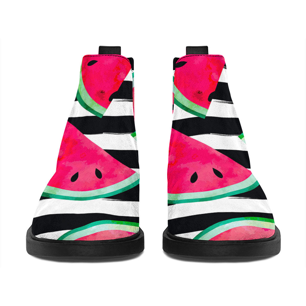 Black Striped Watermelon Pattern Print Flat Ankle Boots