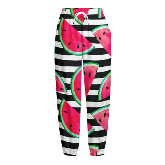 Black Striped Watermelon Pattern Print Fleece Lined Knit Pants