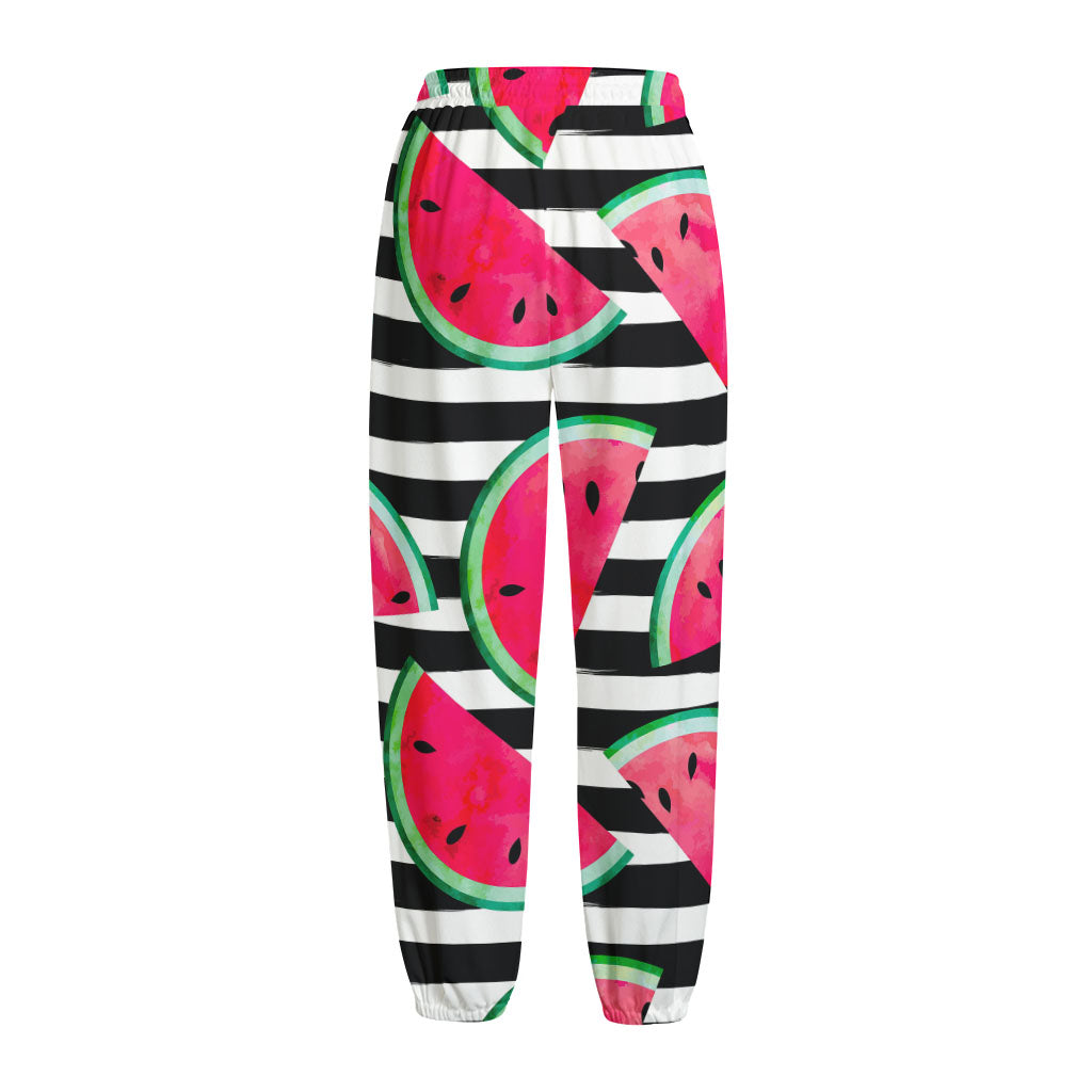 Black Striped Watermelon Pattern Print Fleece Lined Knit Pants