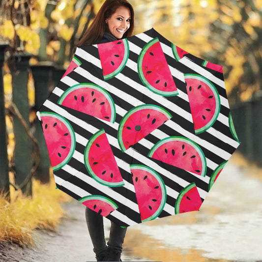 Black Striped Watermelon Pattern Print Foldable Umbrella