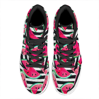 Black Striped Watermelon Pattern Print High Top Leather Sneakers