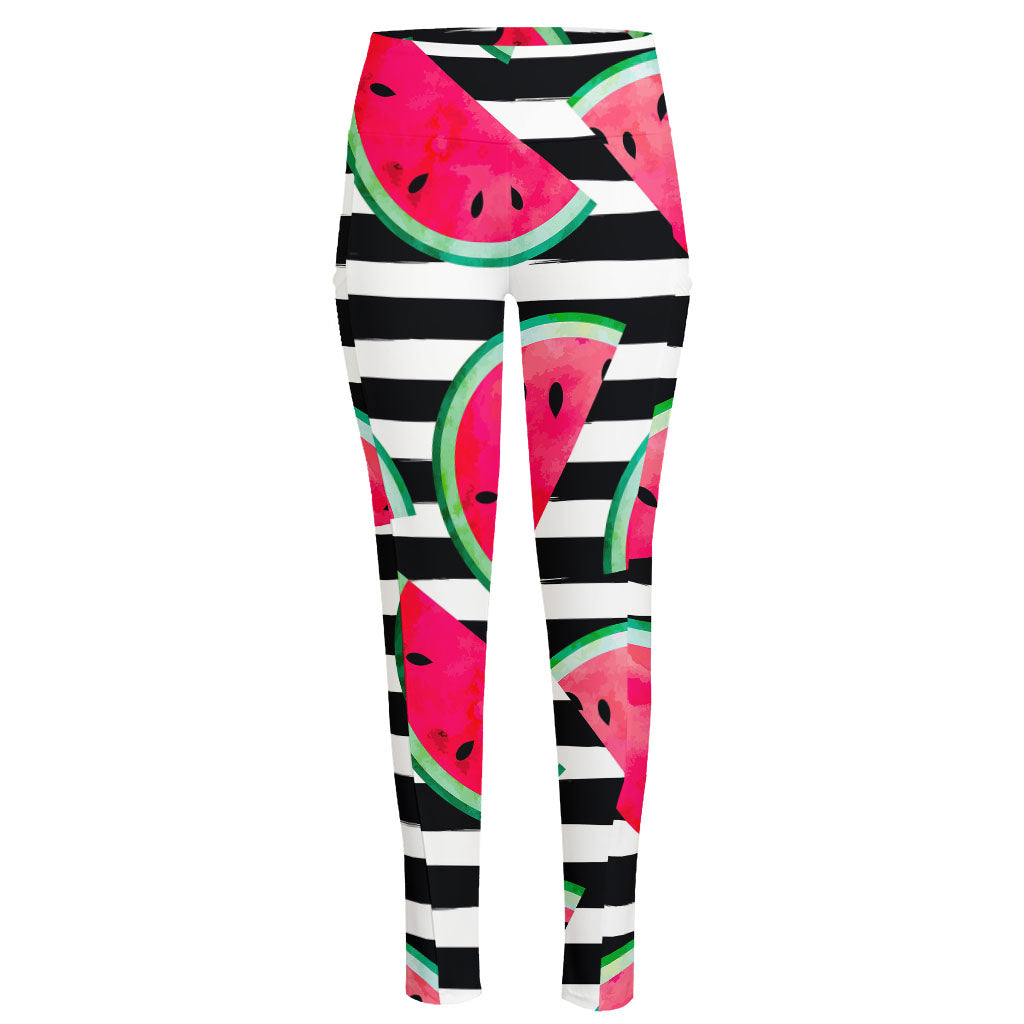 Black Striped Watermelon Pattern Print High-Waisted Pocket Leggings