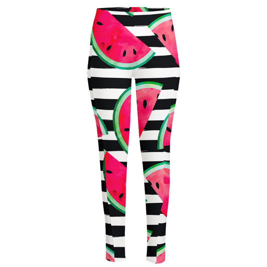 Black Striped Watermelon Pattern Print High-Waisted Pocket Leggings