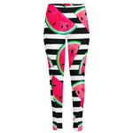 Black Striped Watermelon Pattern Print High-Waisted Pocket Leggings