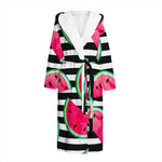 Black Striped Watermelon Pattern Print Hooded Bathrobe