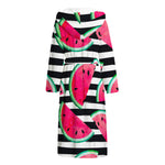 Black Striped Watermelon Pattern Print Hooded Bathrobe