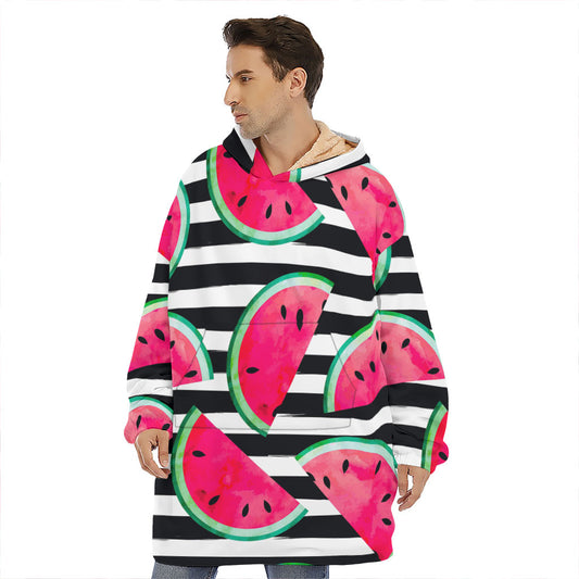 Black Striped Watermelon Pattern Print Hoodie Blanket