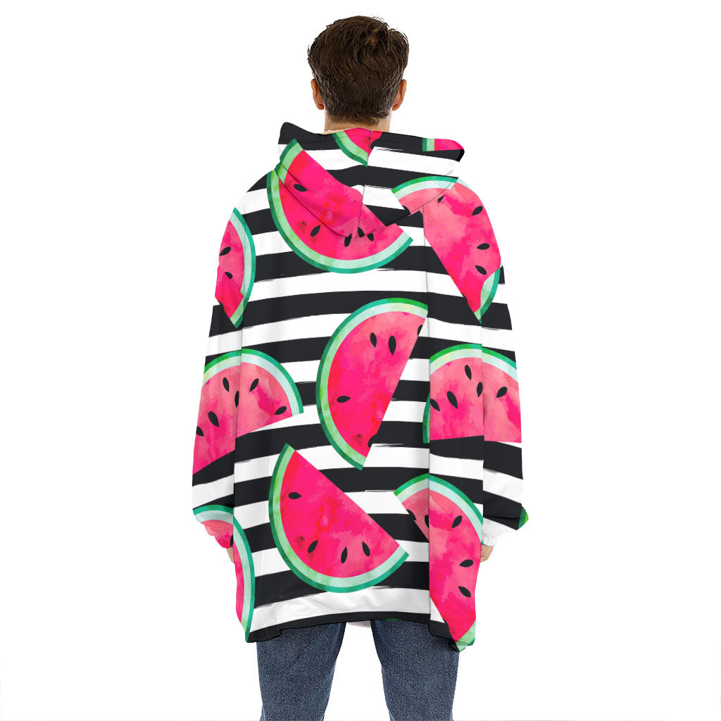 Black Striped Watermelon Pattern Print Hoodie Blanket