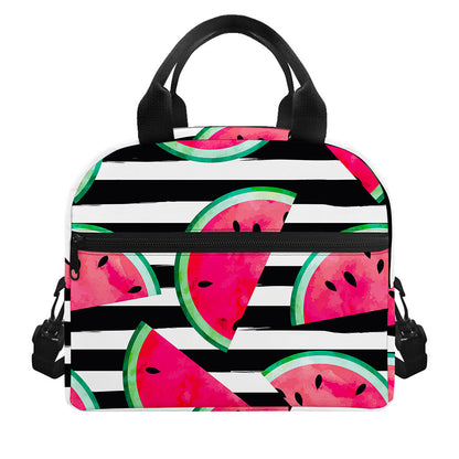 Black Striped Watermelon Pattern Print Insulated Lunch Bag