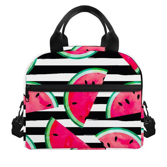 Black Striped Watermelon Pattern Print Insulated Lunch Bag