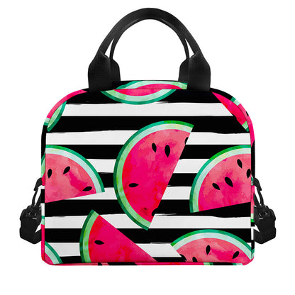 Black Striped Watermelon Pattern Print Insulated Lunch Bag