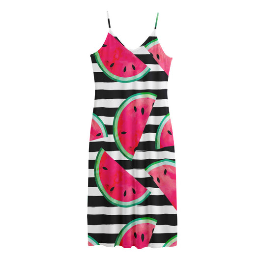 Black Striped Watermelon Pattern Print Jersey Midi Cami Dress