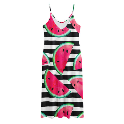 Black Striped Watermelon Pattern Print Jersey Midi Cami Dress