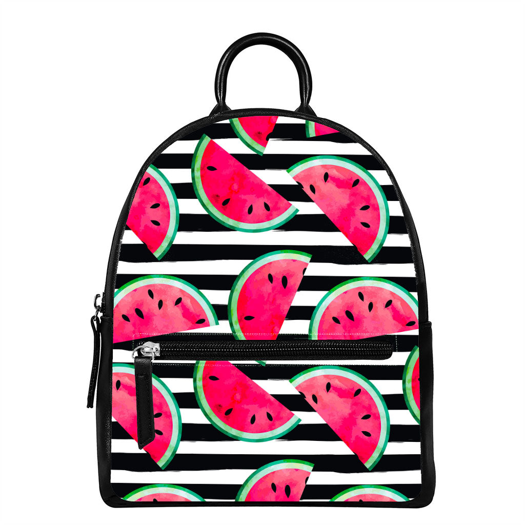 Black Striped Watermelon Pattern Print Leather Backpack