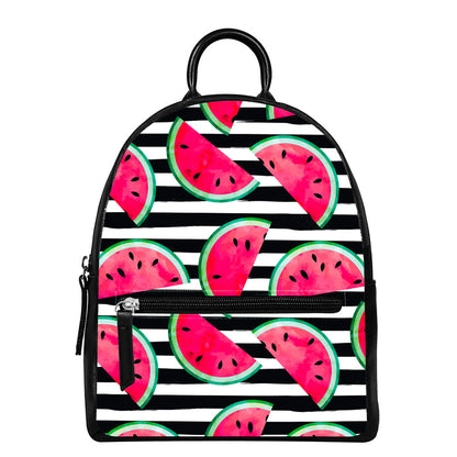 Black Striped Watermelon Pattern Print Leather Backpack