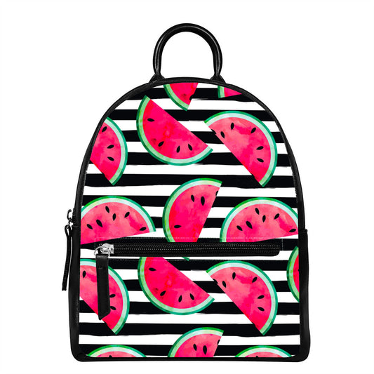 Black Striped Watermelon Pattern Print Leather Backpack