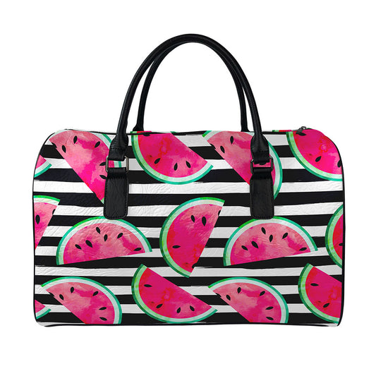 Black Striped Watermelon Pattern Print Leather Duffle Bag