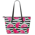 Black Striped Watermelon Pattern Print Leather Tote Bag With Zipper