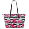 Black Striped Watermelon Pattern Print Leather Tote Bag