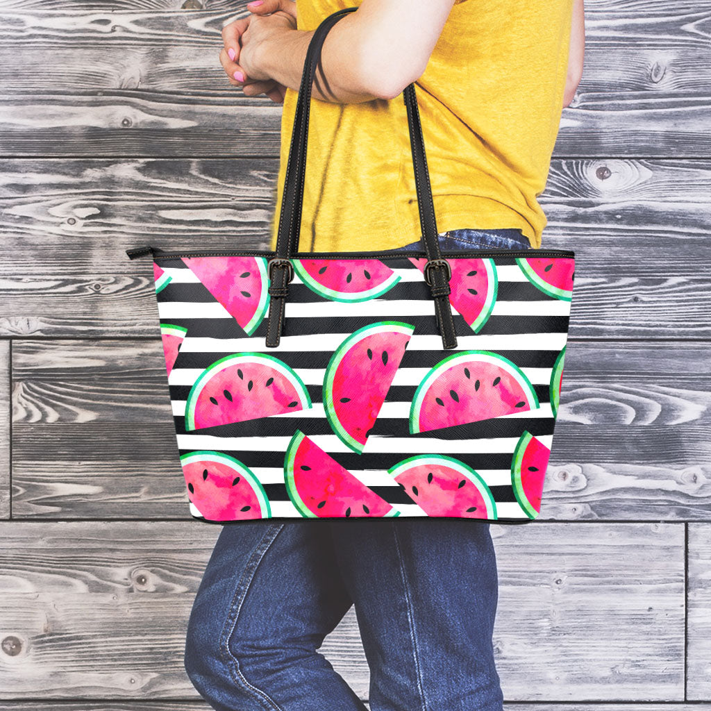 Black Striped Watermelon Pattern Print Leather Tote Bag