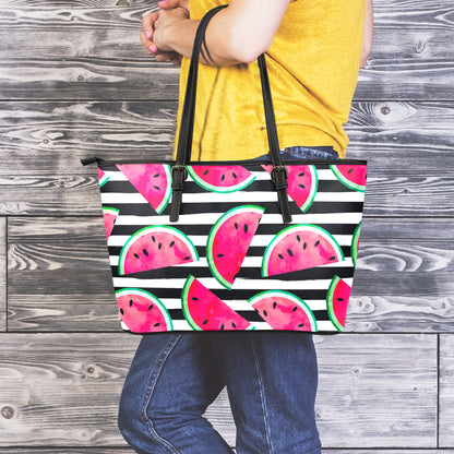 Black Striped Watermelon Pattern Print Leather Tote Bag
