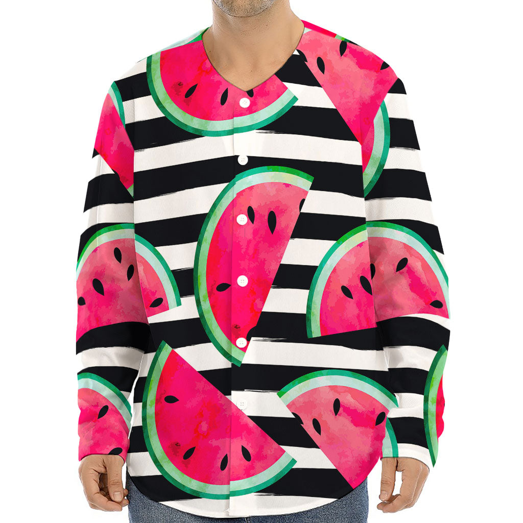 Black Striped Watermelon Pattern Print Long Sleeve Baseball Jersey