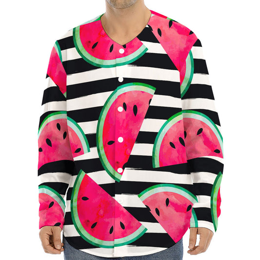 Black Striped Watermelon Pattern Print Long Sleeve Baseball Jersey