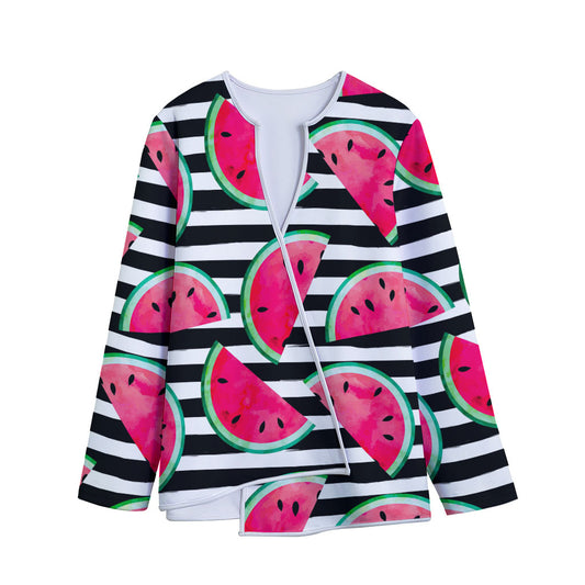 Black Striped Watermelon Pattern Print Long Sleeve Short Coat
