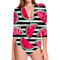 Black Striped Watermelon Pattern Print Long Sleeve Swimsuit