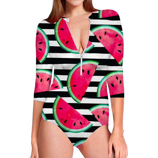 Black Striped Watermelon Pattern Print Long Sleeve Swimsuit