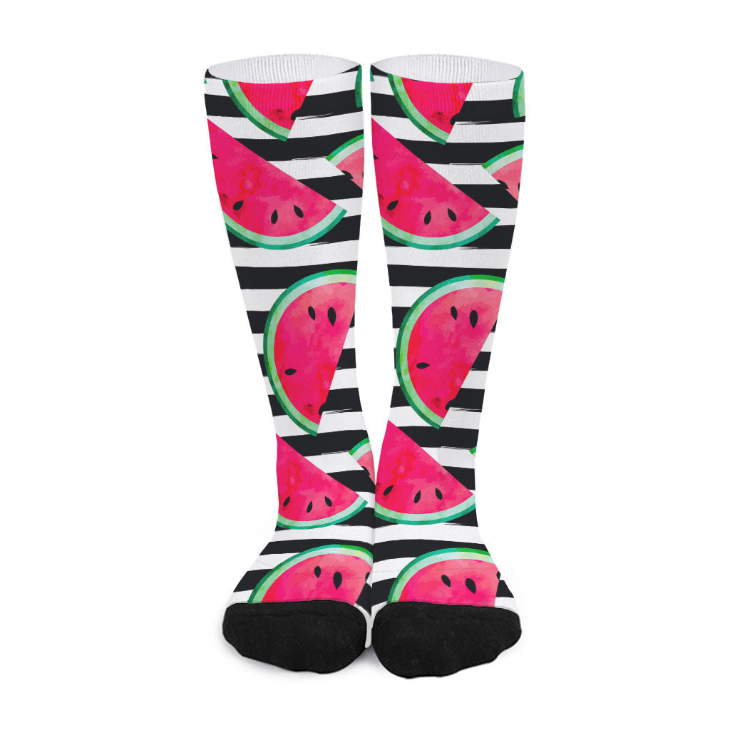 Black Striped Watermelon Pattern Print Long Socks