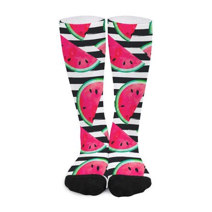 Black Striped Watermelon Pattern Print Long Socks
