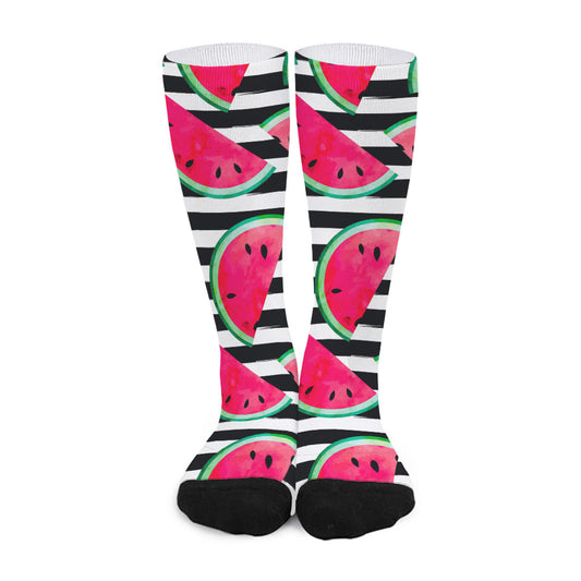 Black Striped Watermelon Pattern Print Long Socks
