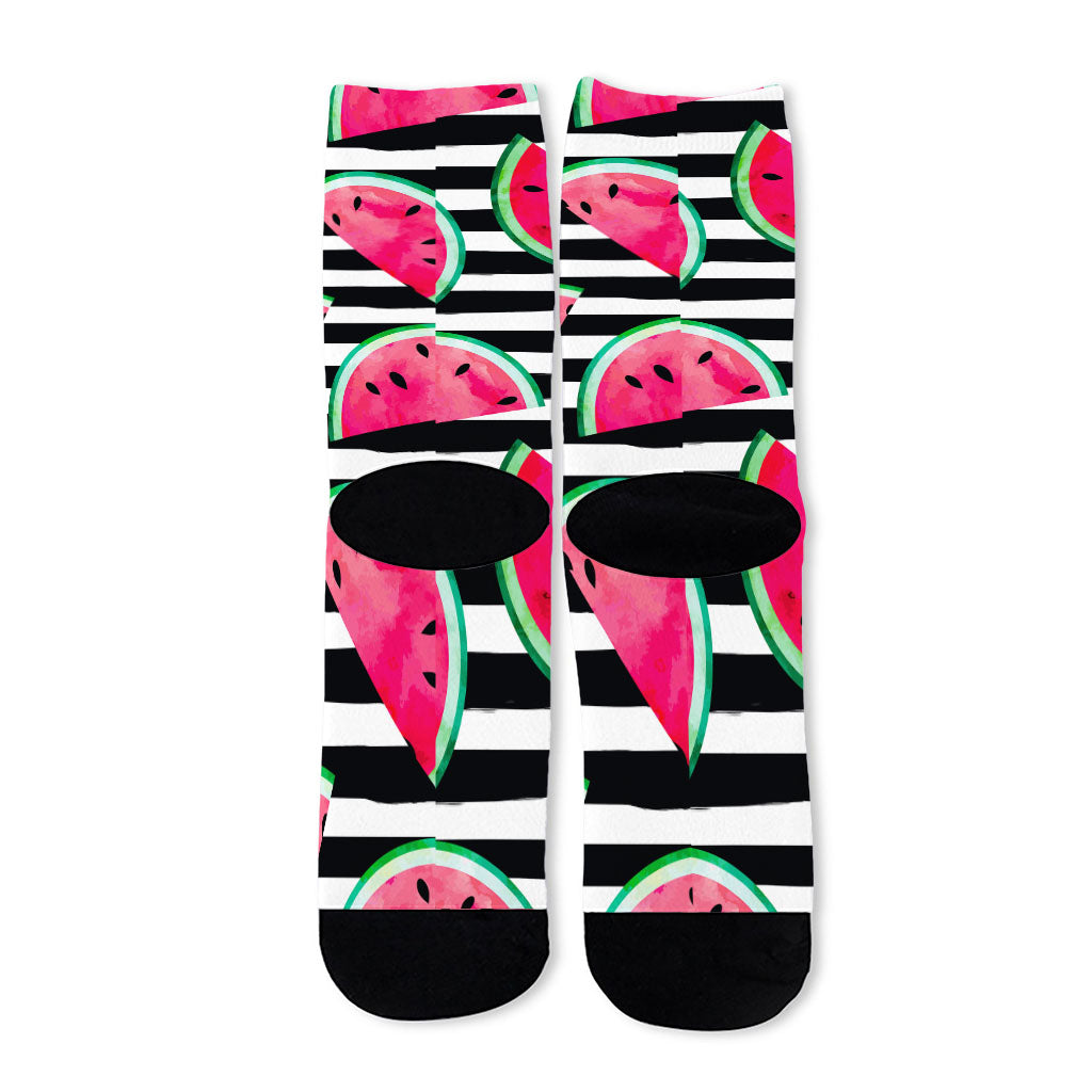 Black Striped Watermelon Pattern Print Long Socks
