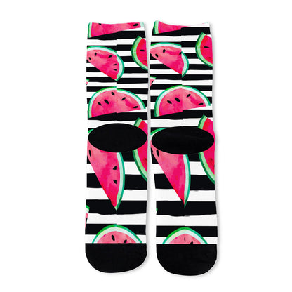 Black Striped Watermelon Pattern Print Long Socks