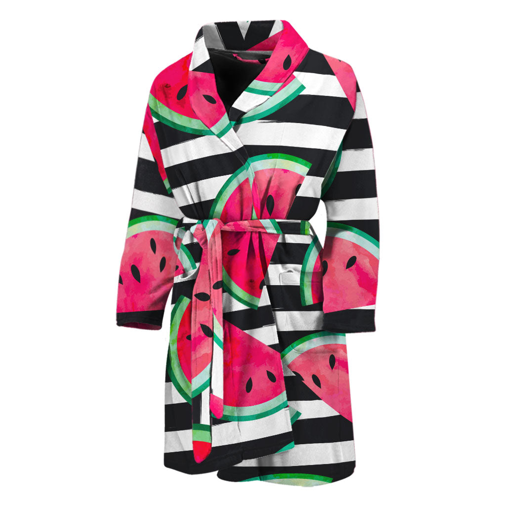 Black Striped Watermelon Pattern Print Men's Bathrobe