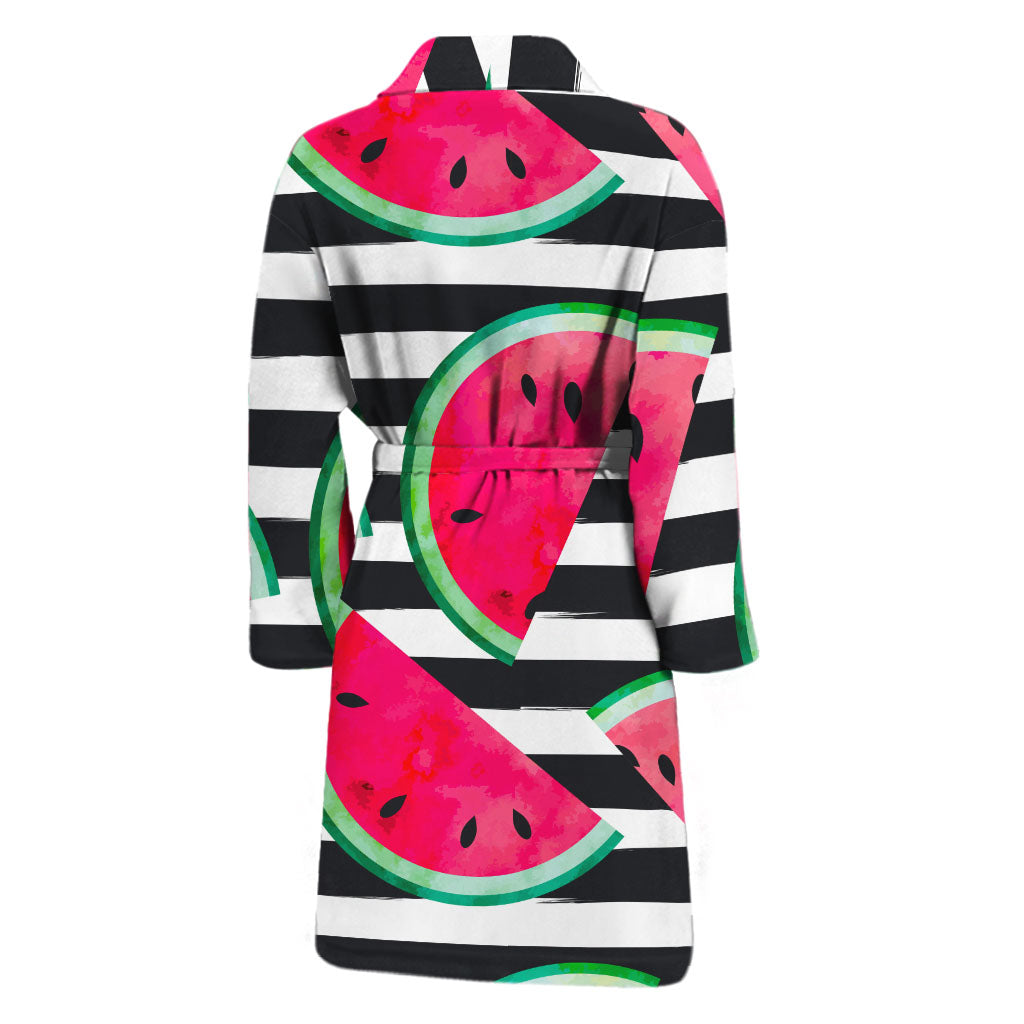 Black Striped Watermelon Pattern Print Men's Bathrobe
