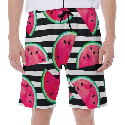 Black Striped Watermelon Pattern Print Men's Beach Shorts