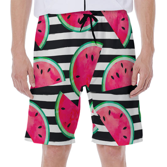 Black Striped Watermelon Pattern Print Men's Beach Shorts