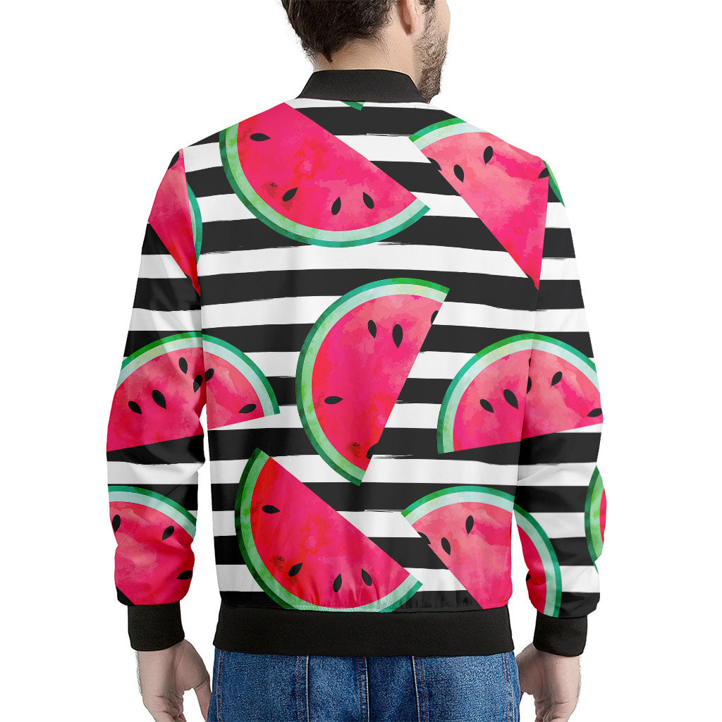 Black Striped Watermelon Pattern Print Men's Bomber Jacket